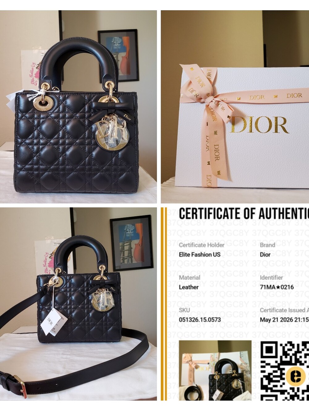 New W Tag Lady Dior Black Lambskin Small Gold Hw Witj Bow Charm Bag